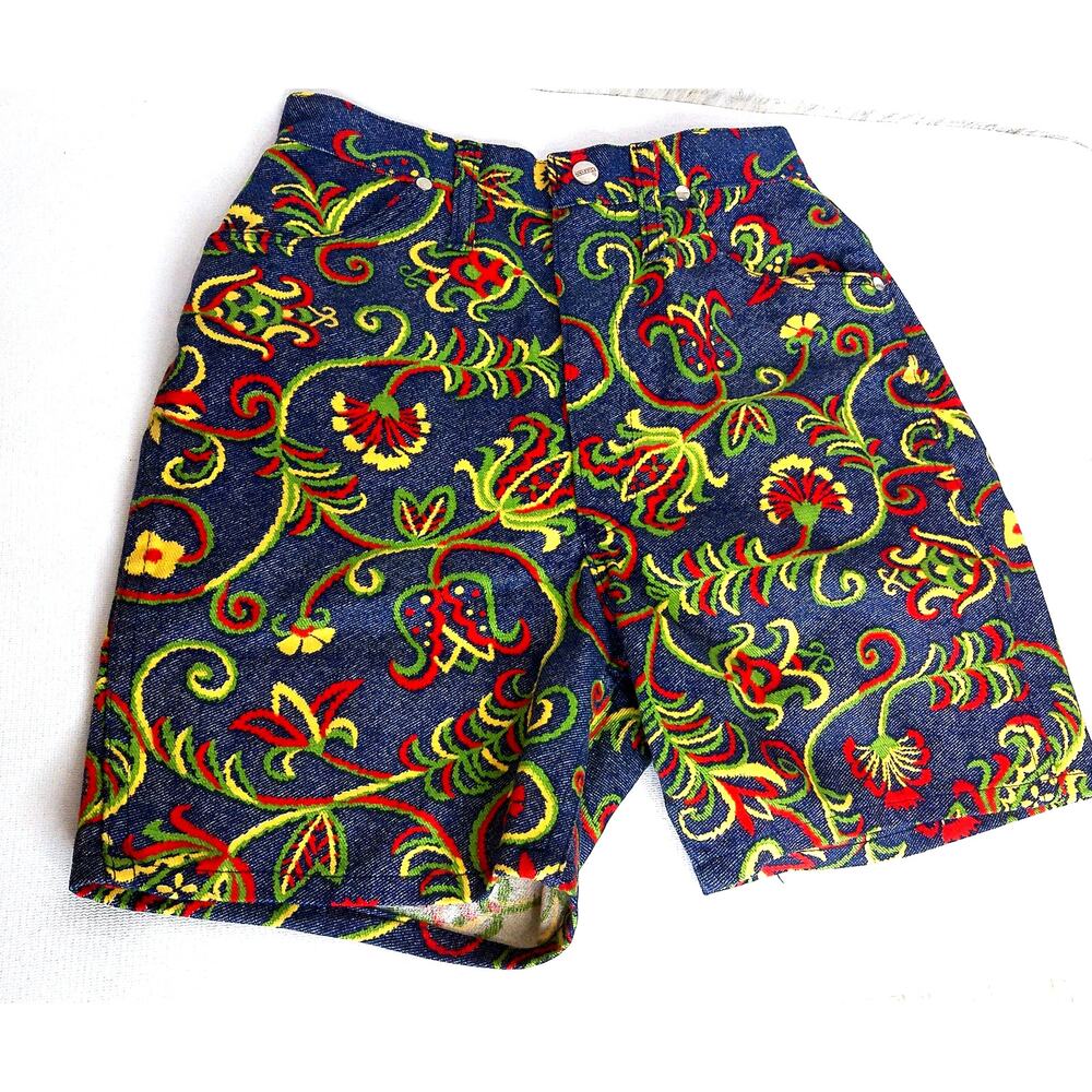 Vintage 70s Maverick Denim Shorts Mod Floral Paisley High Waisted Festival 11/12